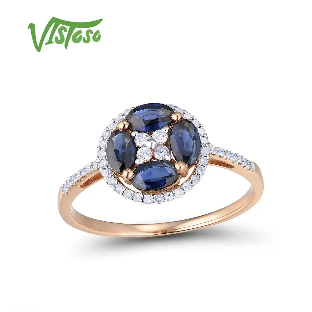 VISTOSO золотые кольца для женщин Подлинная 14K 585 розовое золото кольцо сверкающие алмазы, синий сапфир помолвки круглые кольца ювелирные изделия