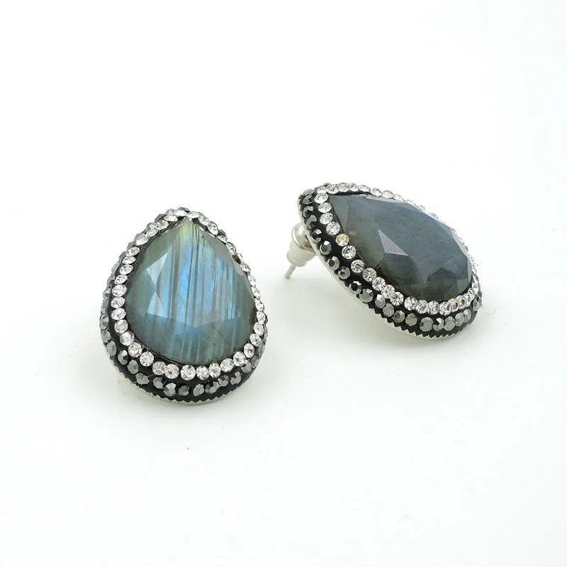 

Natural Labradorite Faceted Drop Bead Pave CZ Stud Earrings Approx 25*20mm