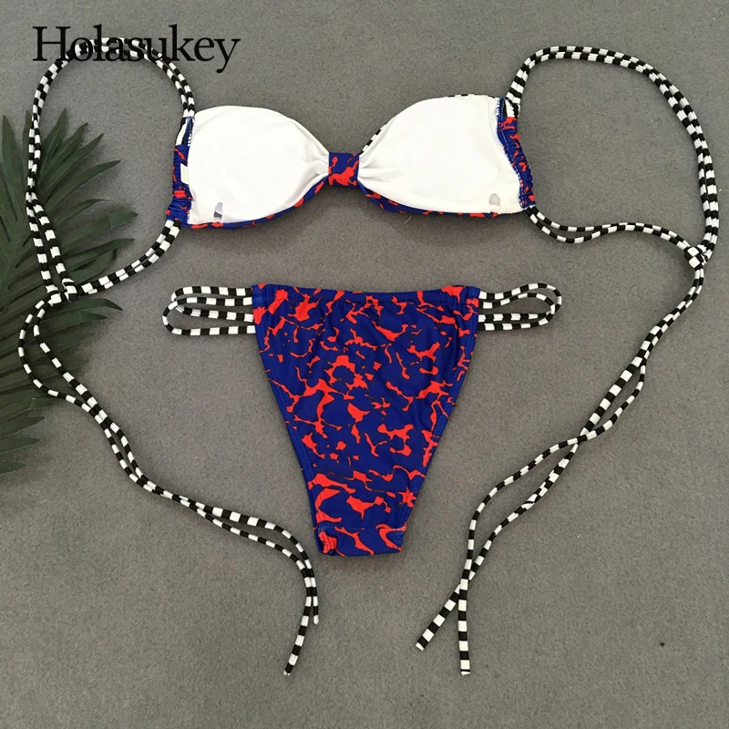 HolaSukey 2018 сексуальный комплект бикини принт Купальники для малышек женщин повязки