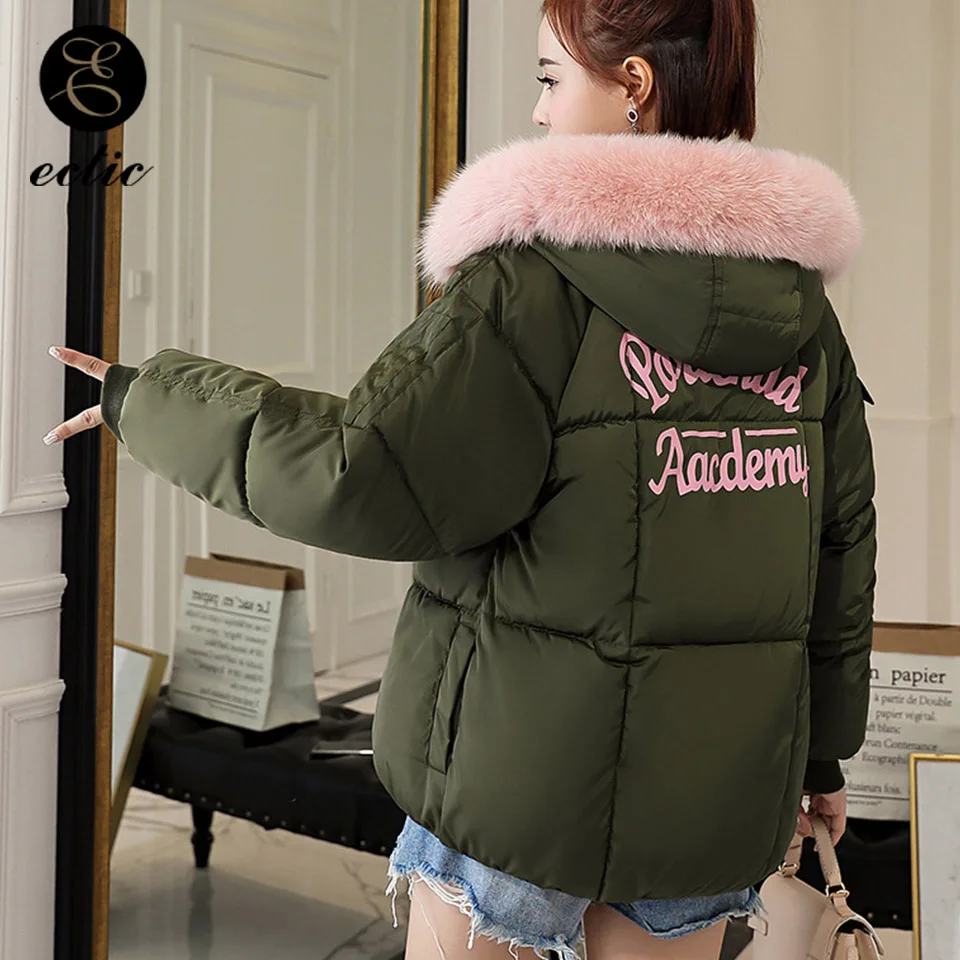 Parka With Real Fur Collar Abbigliamento Donna Inverno 2021 Warm Hooded Puffer Jacket Harajuku Letter Print  Pink Down Jacket