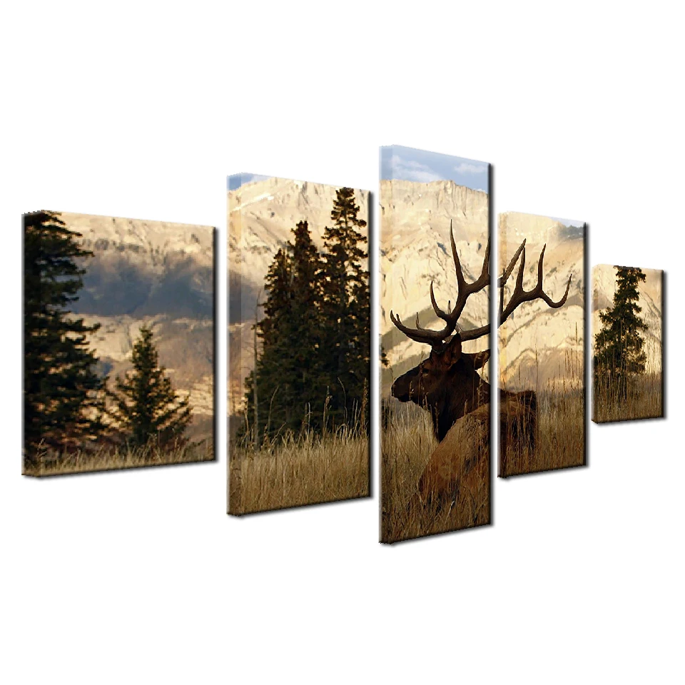 

Canvas HD Prints Paintings Wall Art Framework For Living Room Home Decor 5 Pieces Mountain Bull Elk Pictures Animal Deer Posters