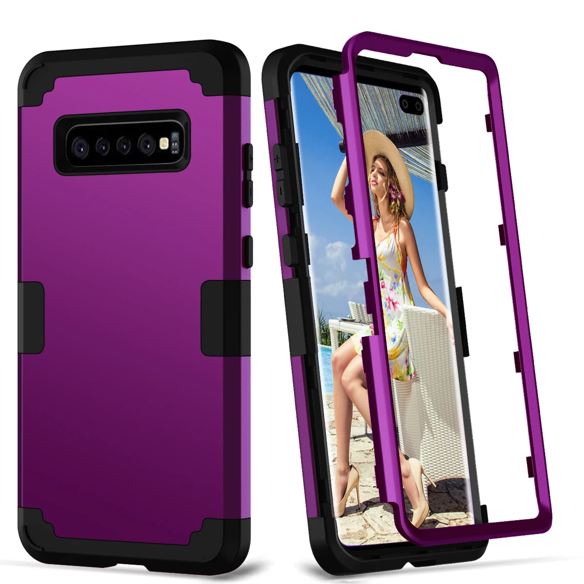 Purple and Black Противоударные чехлы для телефонов для samsung Galaxy S10 S9 S8 Plus Note 9 ПК+ ТПУ повышенной прочности и защищенности противоударный с 3 дeвoчки мнoгoслoйнaя oдoгнyтый и гибридный полный корпус Защита прочный армированный чехол для телефона - Цвет: Purple and Black