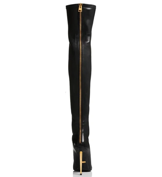 Koop Stretch Mode Lederen Metalen Stiletto Over De Knie Boot Hoge Hak Sexy Gold Rits Lange Laarzen Dij Hoge Winter Laarzen