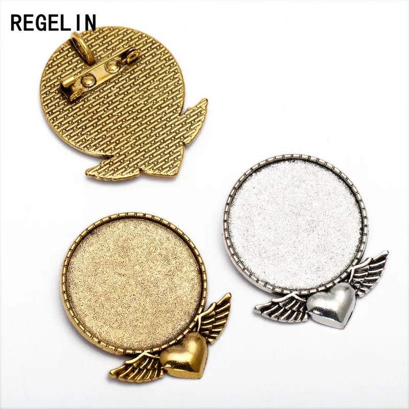

REGELIN New 5pcs/lot Antique Silver/Antique Gold cabochon Base Setting Jewelry Findings Alloy Love Wing Inner 30 MM Tray