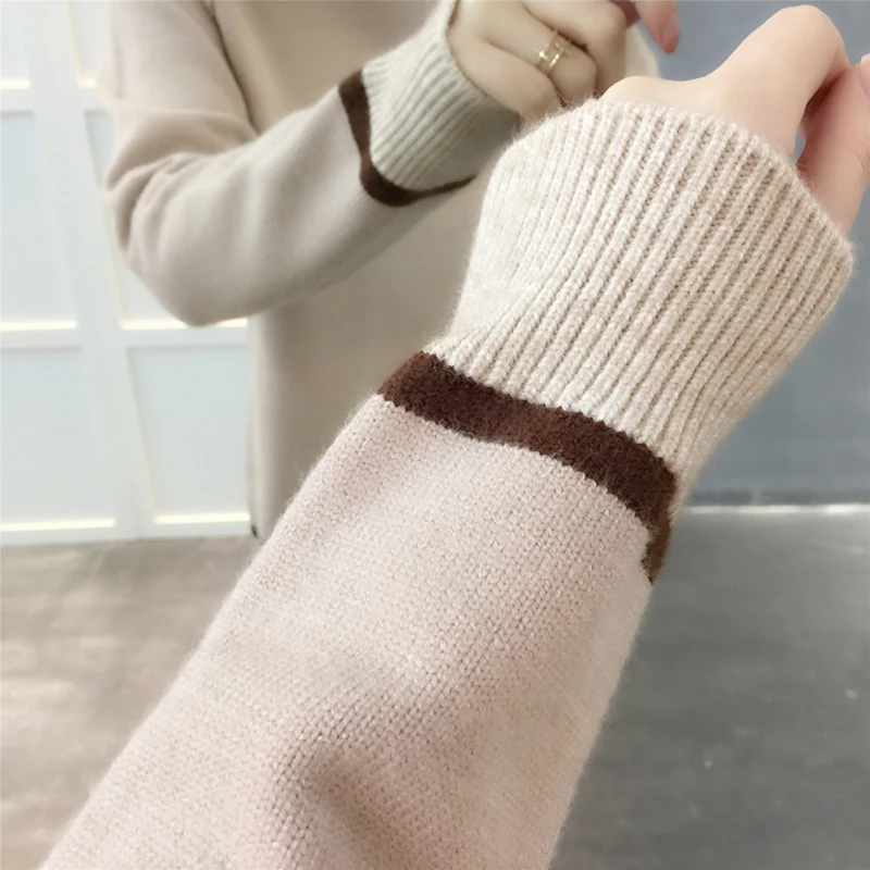 Winter Women Knitted Turtleneck Sweater 2018 New Colorblock Elastic Loose Wild Ladies Sweaters Warm Pullover Tricot Jumper ZY528 | Женская