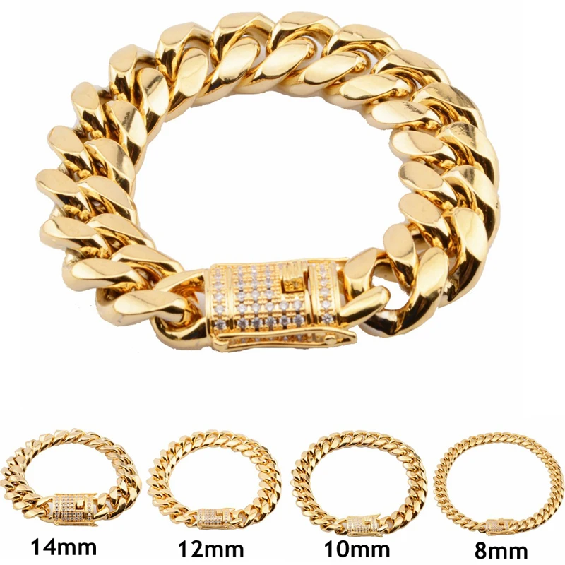 

Beichong 12mm/14mm CZ Stainless Steel Curb Cuban Link Bracelet Gold Hip Hop Micro Paved CZ Mens Miami Bangle