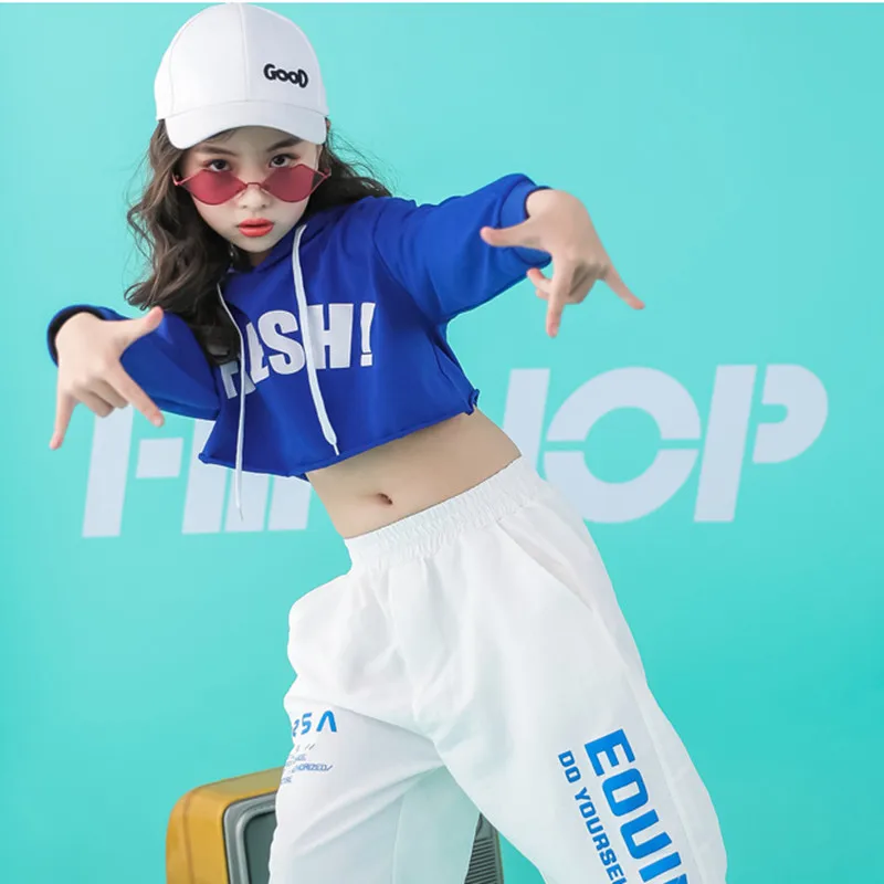 Синий костюм с капюшоном и белыми штанами Детские костюмы в стиле джаз хип-хоп