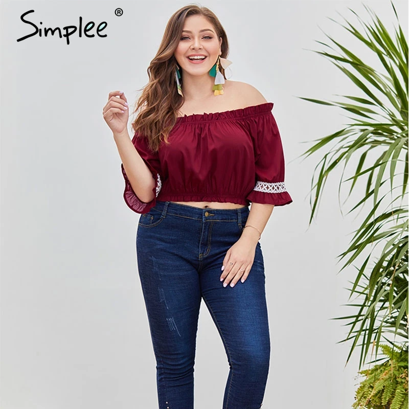 Simplee плюс размер элегантный slash шеи Женский Топ рубашка с коротким рукавом