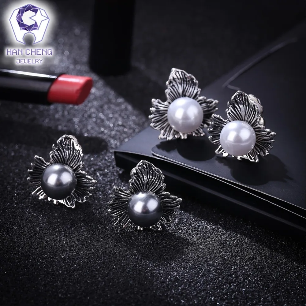 HanCheng Новые Модные Винтажные серьги-клипсы с металлическим листом и жемчугом для