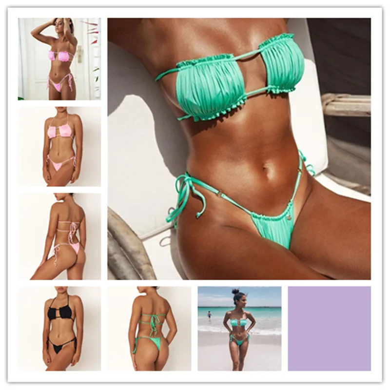

Europe and the United States new bikini sexy women's swimwear Brazil push high bandages solid color beachwear split swimsuit