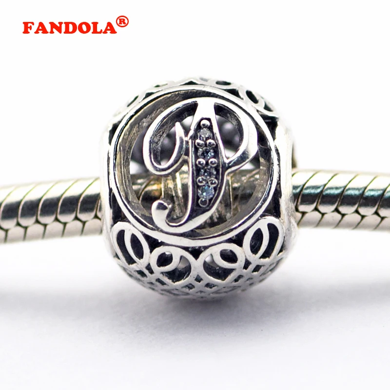 

925 Sterling Silver Jewelry Fits Pandora Charms Bracelets Vintage P with Clear Cubic Zirconia Beads Free Shipping