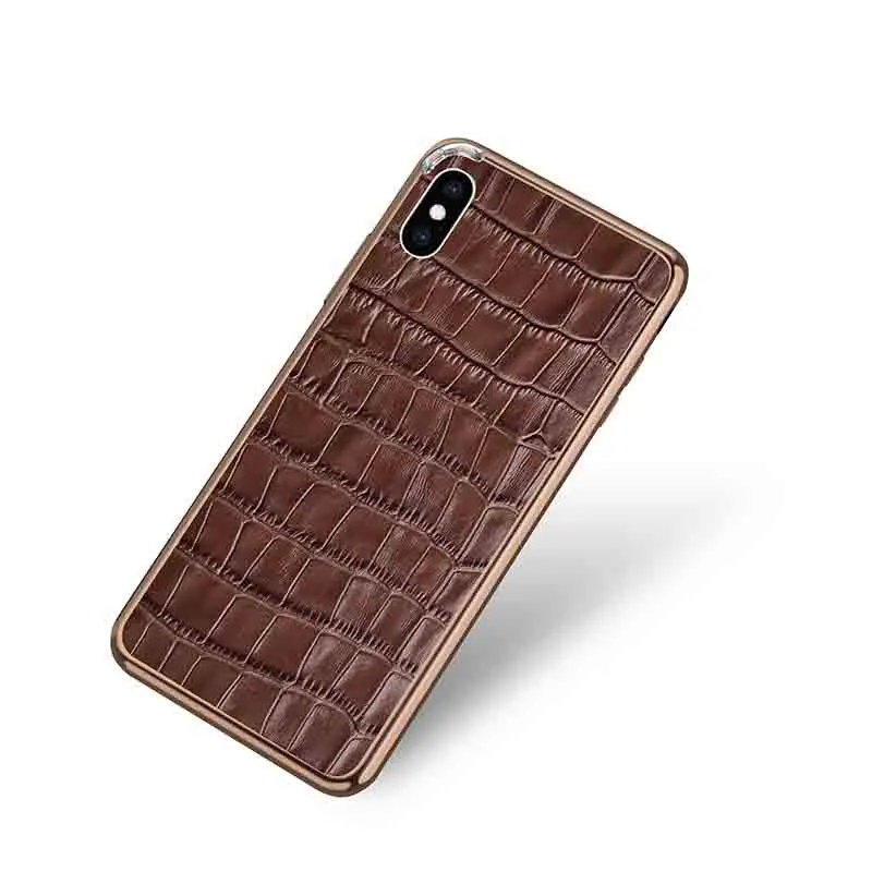 Hunreone чехол из натуральной кожи CROCO, чехол из крокодиловой кожи, металлический каркас, чехол для телефона iPhone X XS XR XS Max 7 8 7 P 8 P 6 6 S 6 P 6SP - Цвет: brown and gold frame