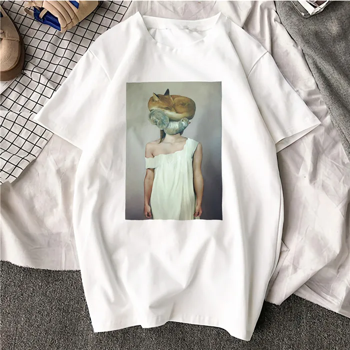 Ulzzang Эстетическая забавная футболка, абстрактные цветы, животные, хлопок, круглый вырез, футболка, плюс размер, короткий рукав, Брендовая женская футболка, Femme