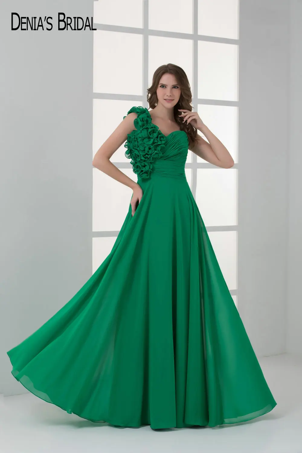 Зеленое вечернее платье-трапеция с открытым плечом платье ручной работы до пола