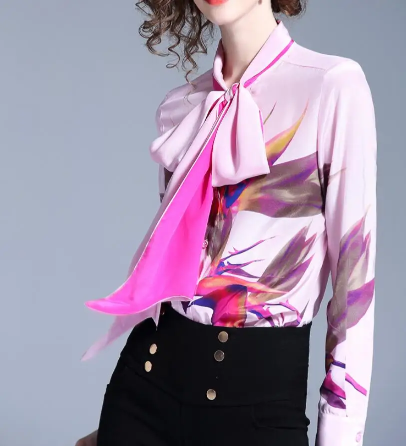 Spring summer women's long sleeve bow collar pink print shirt female european fashion casual loose chic shirt blouse TB915