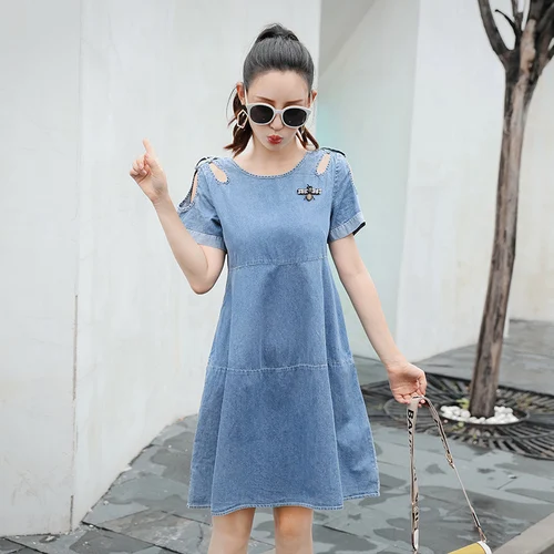 Женское джинсовое платье с коротким рукавом корейское Платье До Колена