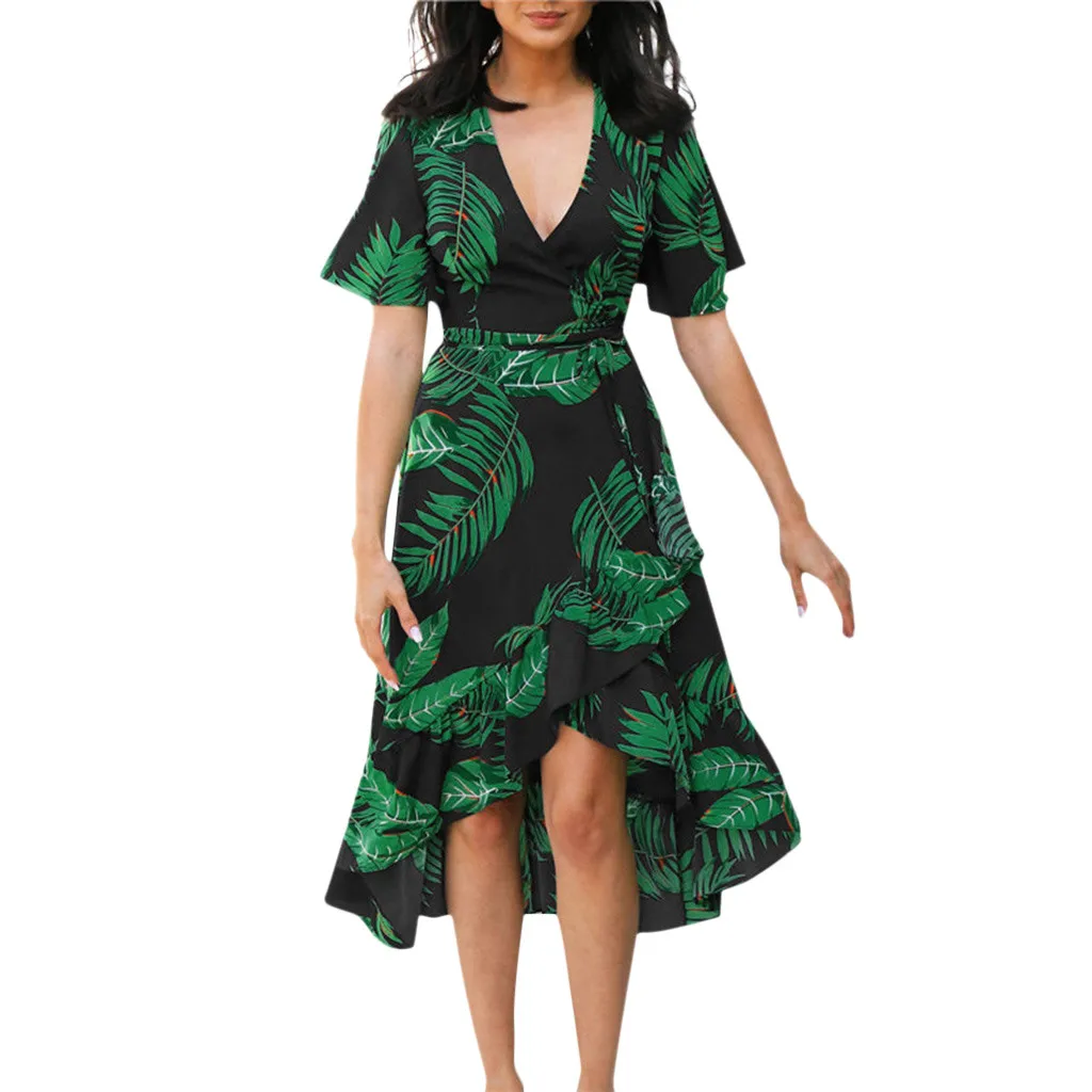 Женское платье с коротким рукавом V-образным вырезом и принтом листьев | Женская