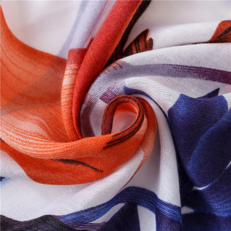 Marte Joven Orange and Blue Big Leaf Print Scarves Women Elegant Summer Sunscreen Beach Wrap Long Shawl for Ladies | Аксессуары для