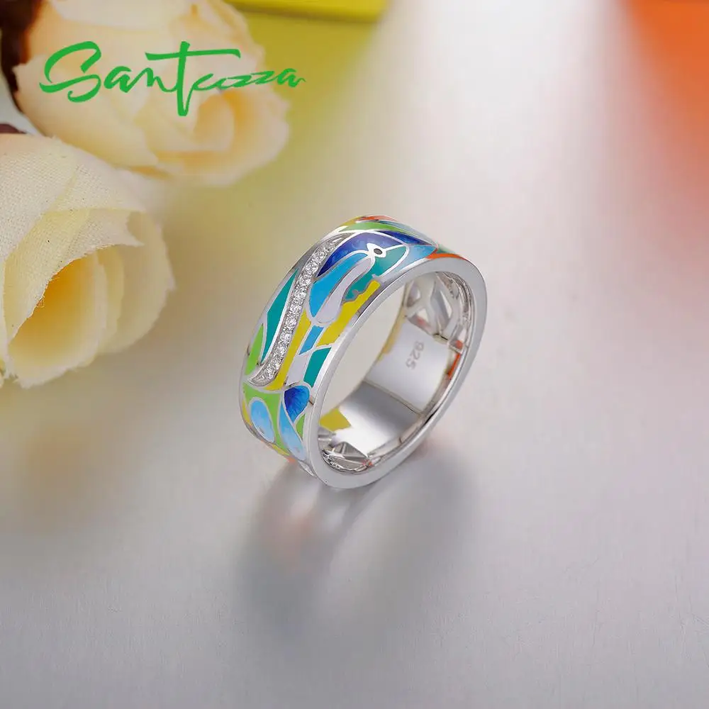 SANTUZZA Серебряное кольцо для Для женщин 925 пробы серебра Кольца для Для женщин сверкающими белыми камнями разноцветной эмалью вечерние Модные украшения