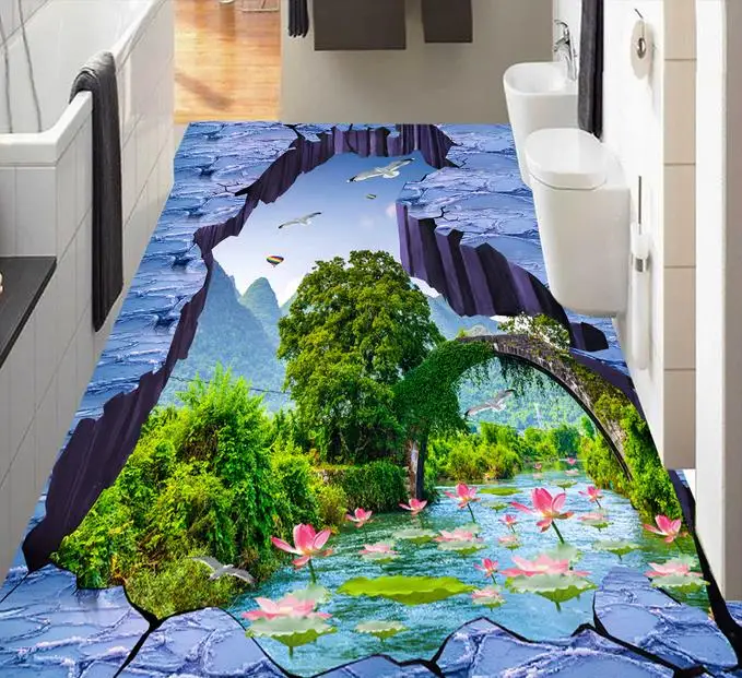3D Flooring Flying bird stream lotus Wallpaper For Walls 3 D Living room Bathroom Floor Tiles PVC Waterproof | Обустройство дома