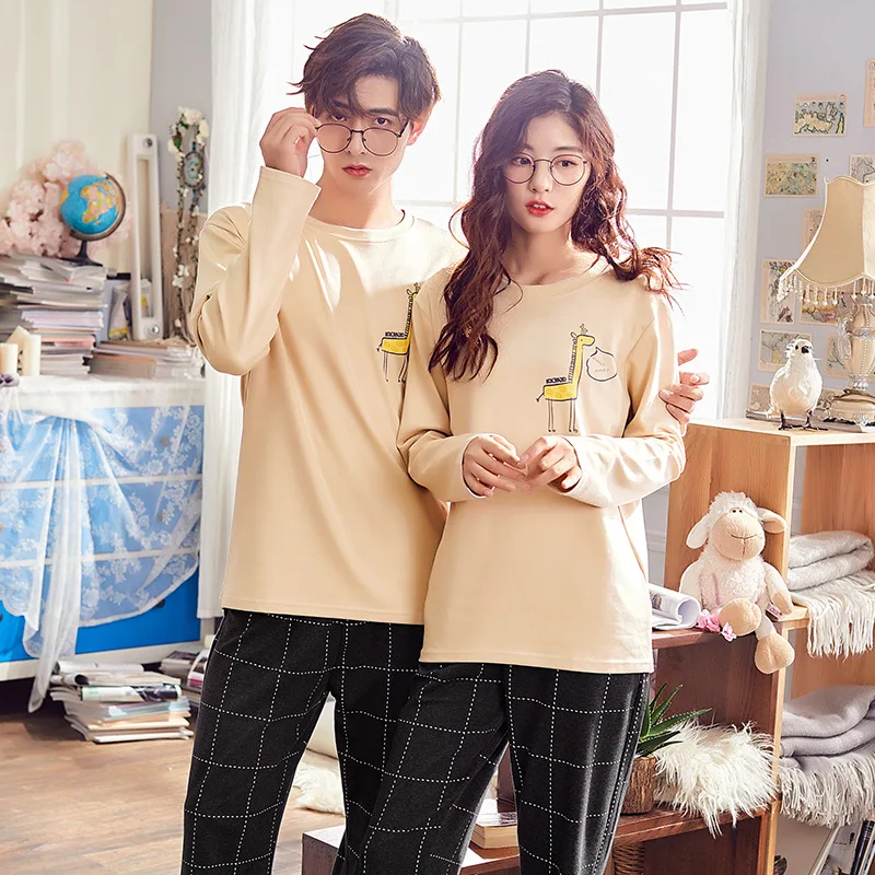 Осень-зима 2019 парные пижамные комплекты круглый вырез длинный рукав Пижамный