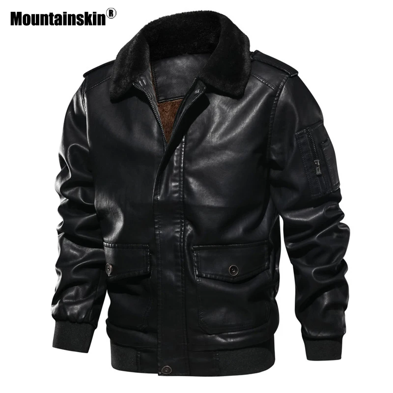 Мужская куртка бомбер из ПУ кожи Mountainskin теплая плотного бархата мотоциклетная