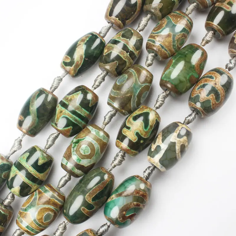 

Free shipping!column 15x22mm Green DZI beads Tibet Olivary Agates stone Drum DIY Pendant Loose Beads 15"
