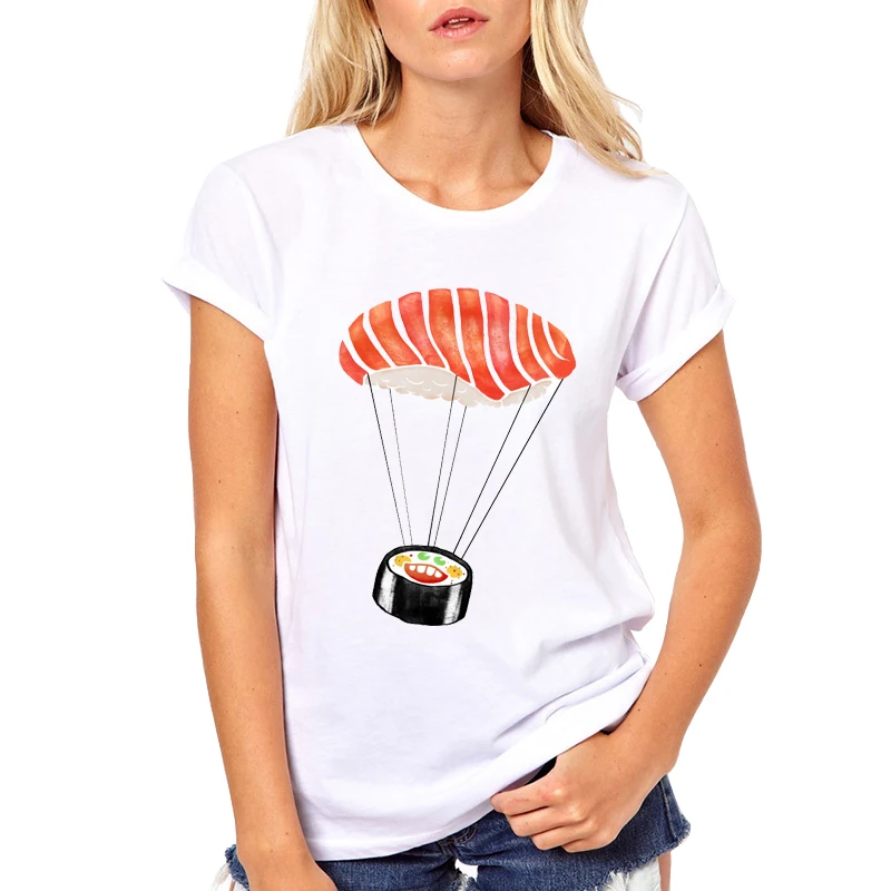 2018 новейшие модные суши любовь печатных Женская футболка Забавный леди летние