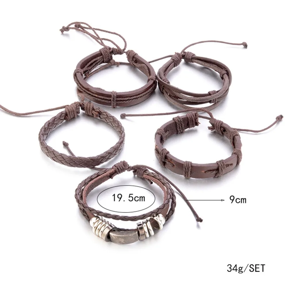 5 шт. винтажная ручка многослойный кожаный браслет мужской модный плетеный