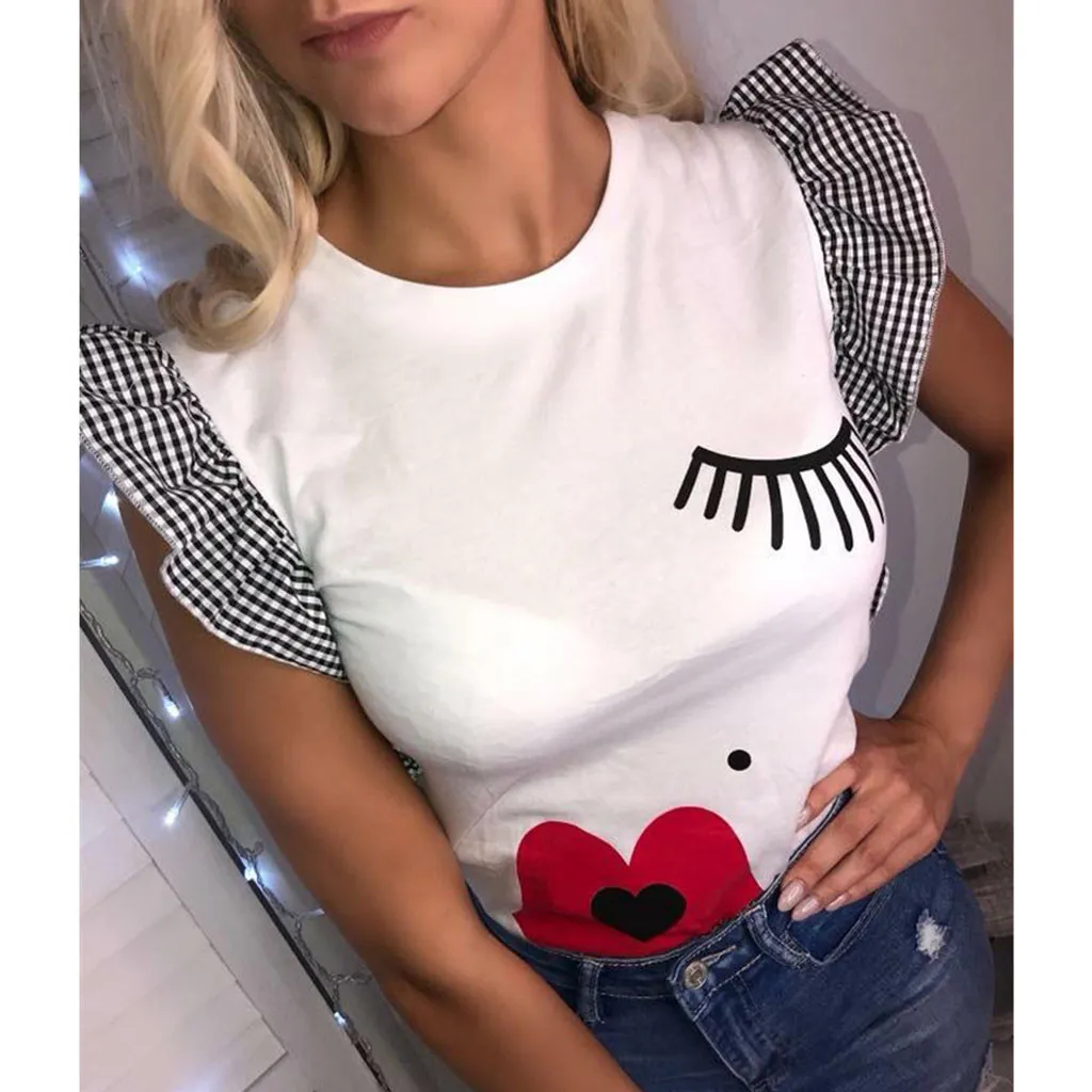 Женская майка с принтом красных губ хлопковая Футболка оборками без рукавов