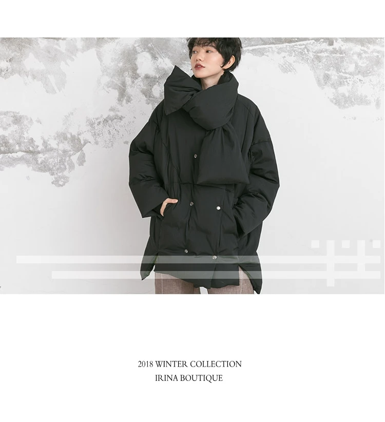 IRINAY212 Новая коллекция с шарфом двубортный oversize Асимметричный Зима белая утка подпушка куртка пальто для женщин