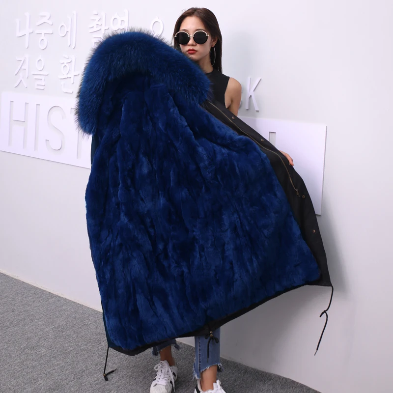 x-long blackblue Зимняя женская куртка размера плюс,, новинка, мягкая подкладка из кроличьей шерсти, женское длинное съемное меховое пальто, парка, Женская куртка - Цвет: x-long blackblue
