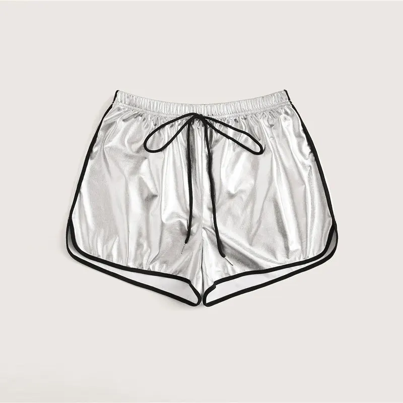 ROMWE Grey Knot Waist Contrast Binding Metallic Dolphin Shorts Women Athleisure Elastic Drawstring Waist Summer Shorts