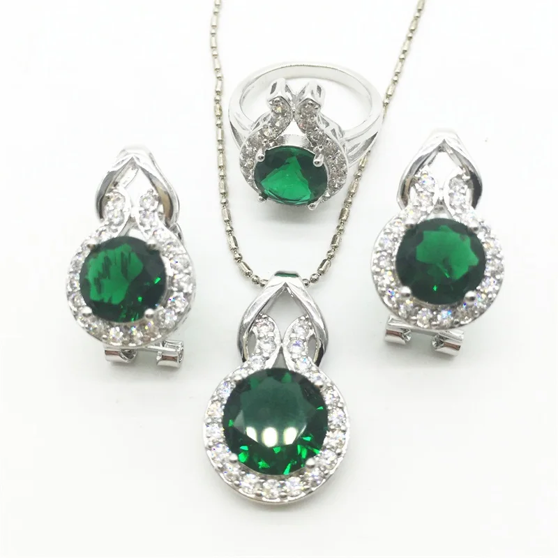 Excellent Green Garnet White color Jewelry Sets Women Sterling Silver Necklace/Pendant/Earrings/Rings Free shipping | Украшения и