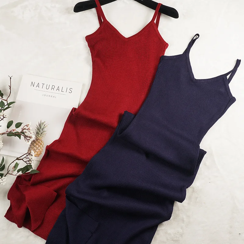 2019 New Women Spaghetti Strap Dresses Sexy Split V-Neck Long Knitted Dress Female Sleeveless Bodycon Tank Vestidos | Женская одежда