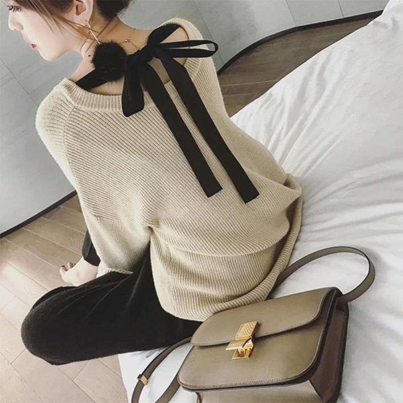 

2019 Solid color Back Lace-up Women Sweaters Autumn winter Knitted Solid Color Long sleeve Pullovers Sweater aa1032