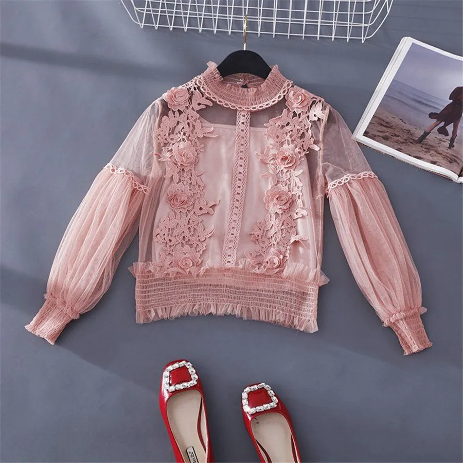 Женская прозрачная блузка элегантная кружевная с цветочным принтом топы для