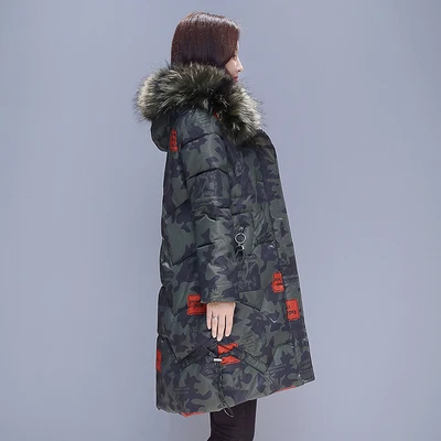 Green camouflage Зимние Для женщин верхняя одежда средней длины до колена; длинные сапоги до колена женская пуховая хлопковая куртка Тонкий меховой воротник с капюшоном Большие размеры женские парки Cw051 - Цвет: Green camouflage