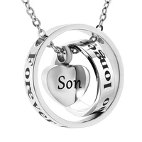 ijd7190 son engraving hear charm ashes urn pendant double circle stainless steel cremation urn necklace keepsake hold ashes