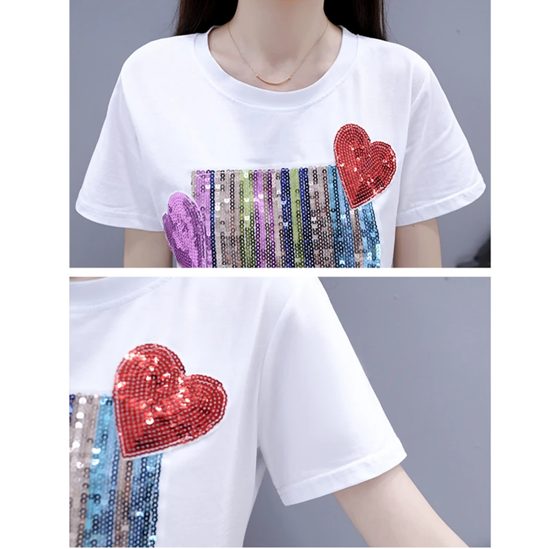 Summer New Fashion Two Piece Sets Women T shirt Sequins Short Sleeve Tshirt Tops + Casual Broken Hole Jeans Clothes | Женская одежда