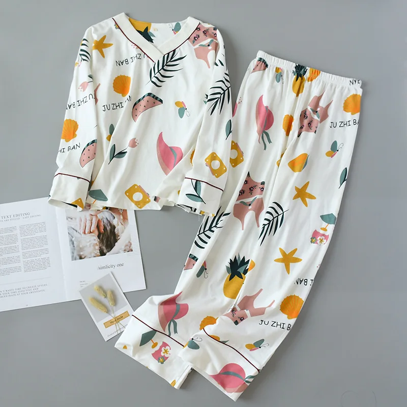 

Pajama Sets V-Neck Women Pyjamas Autumn New Sleepwear Pure Cotton Nightwear Full Sleeve Long Pants 2 pieces Set Girls Homewear