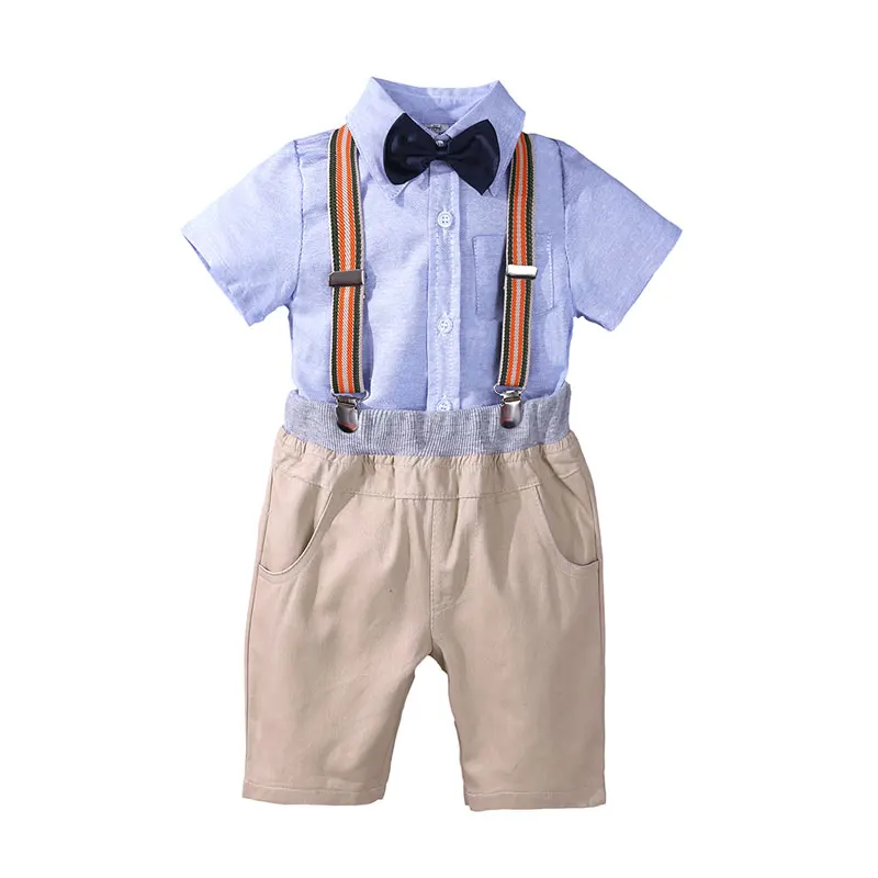 New Summer Kids Clothes Set Gentleman Style Children Sets Short Sleeve Solid Color Shirt Boy Top+Straps Shorts Formal Costume |