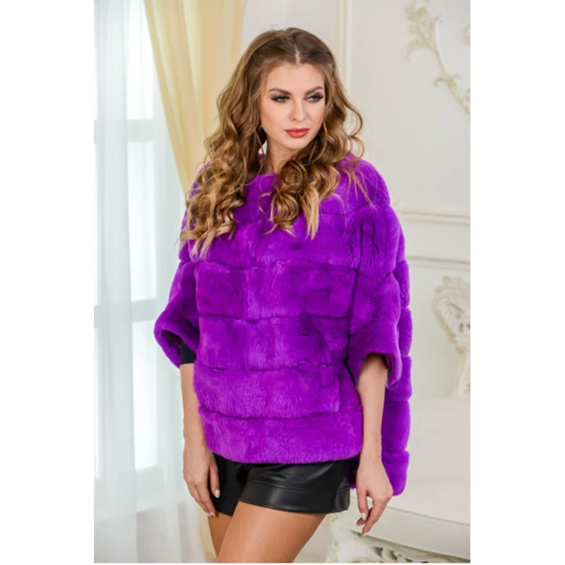 FURSARCAR Real Fur Coat Female Rabbit Fur Coat Women's Bat sleeved Fur Jackets 2021 Rose Winter Natural Rex Rabbit Ponchos