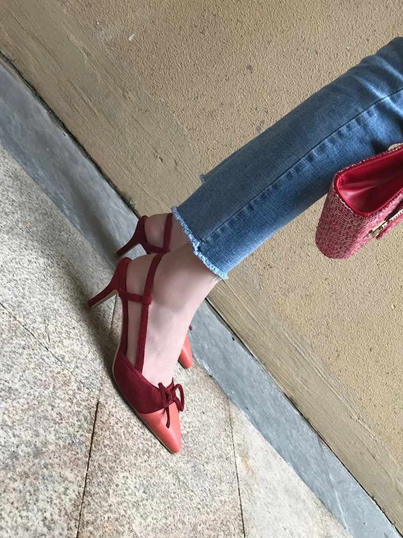 Мода брендовая обувь галстук-бабочка Размер 33 тонкий насосы Красное вино Slingback сандалии замша Указательный палец ремень женщина Многоцветный высокие каблуки китайская Лето Китай новая