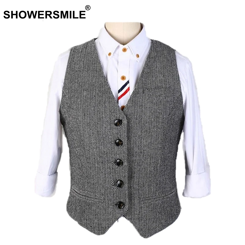 SHOWERSMILE серый костюм жилет женская куртка без рукавов Женский приталенный Полосатый Серый жилет с узором в елочку одежда в английском стиле