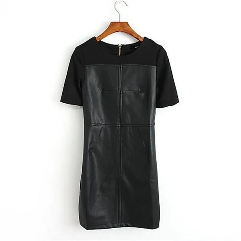 black Модные женские туфли мини-повседневные платья осеннее платье короткий рукав трикотажные кожа лоскутное черный Платья для женщин с круглым вырезом jq1373 - Цвет: black