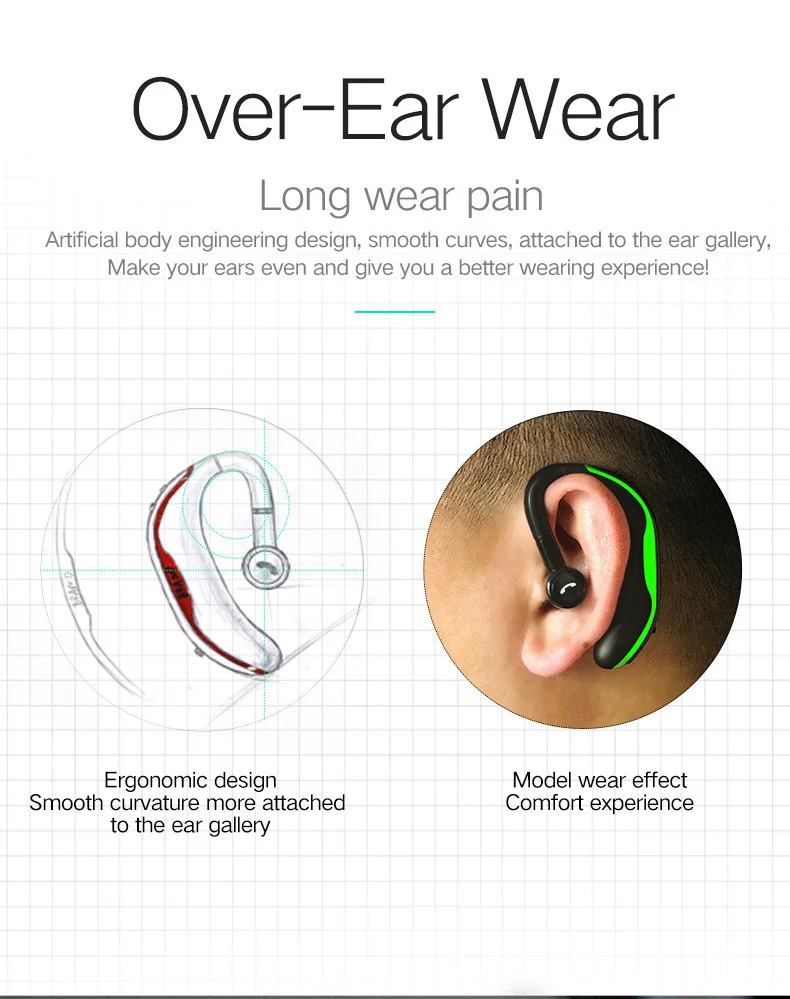 Bluetooth-гарнитура, деловые наушники V4.1Stereo с микрофоном, громкой связи звонки, музыка, ушные крючки, спортивные наушники для IPhone Xiaomi