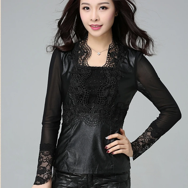 Женская футболка с длинным рукавом черная облегающая из искусственной кожи