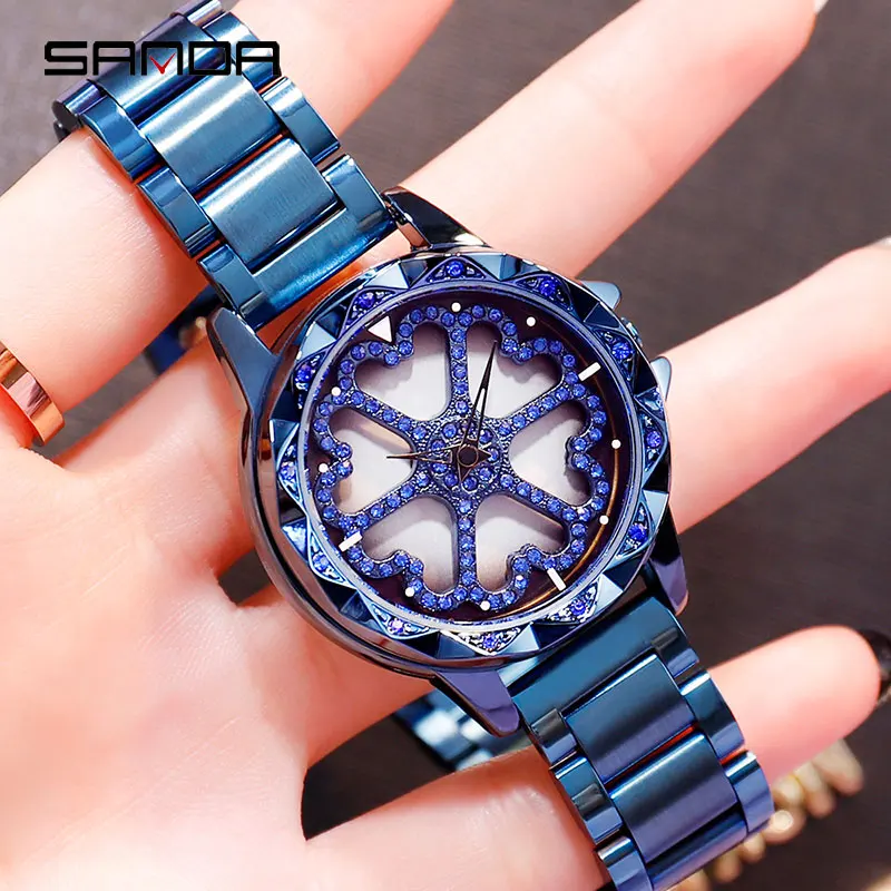 SANDA Draai Dial Horloge Vrouwen Роскошные Кристальные дамские часы 30 м водостойкие Япония 2035