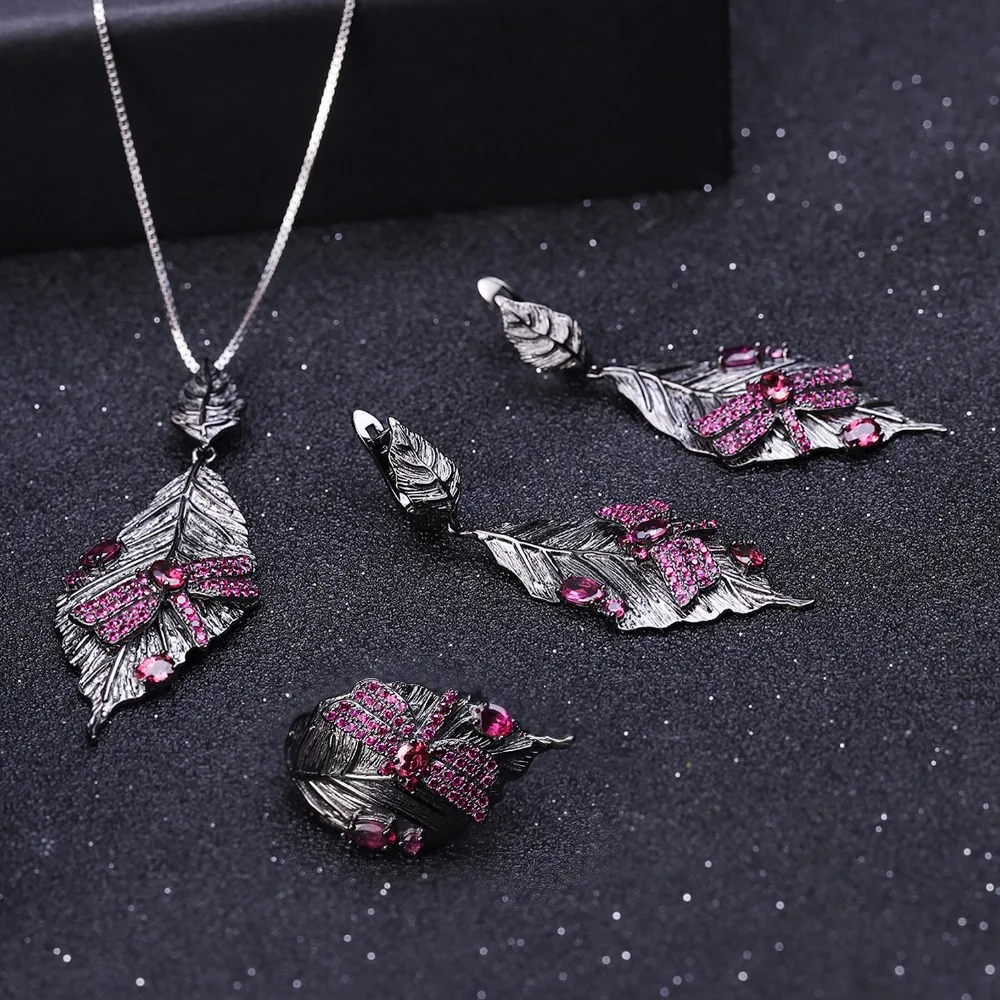 GEM'S BALLET, 0.88Ct, натуральный родолит, гранат, регулируемое кольцо, 925 пробы, серебро, ручной работы, кольцо в виде листа, кольца для женщин, бижутерия